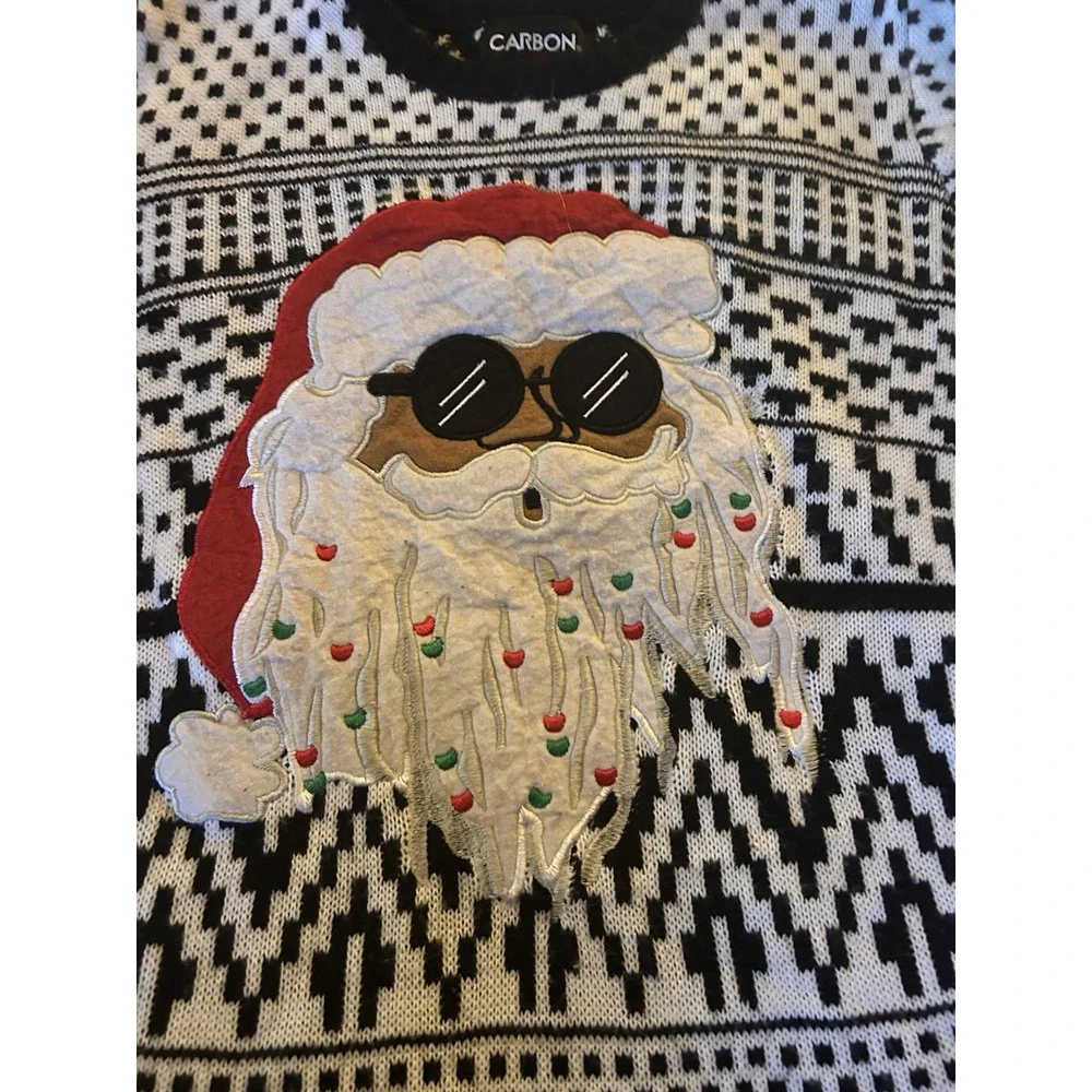 Carbon Ugly Christmas‎ Sweater Santa Sunglasses Applique Black White Size S Mens